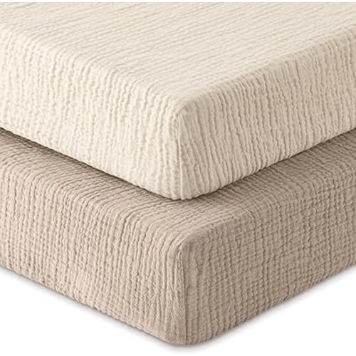 Muslin Crib Sheets for Boys Girls, 100% Cotton Fitted Crib Sheet 2 Pack for Standard Crib and Toddler Mattress, Breathable Soft Baby Sheet 28x52x8in Beige & Khaki