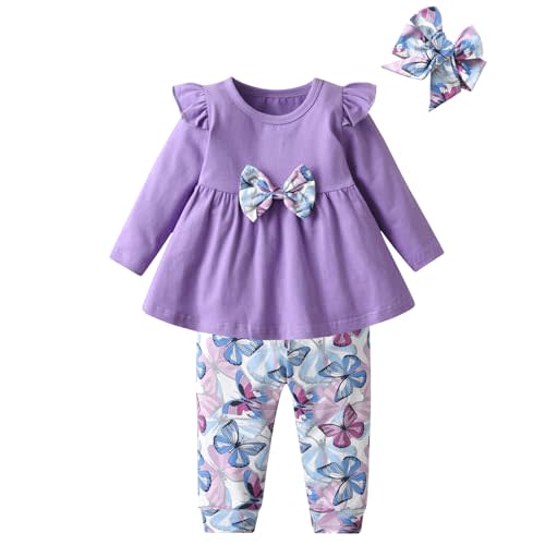 3PCS Baby Girl Clothes Ruffle Floral Shirt Tops Pants Headband Outfit Sets
