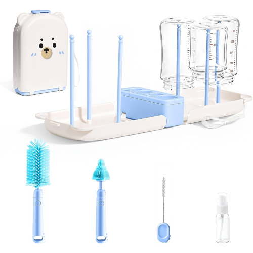 Fkszll Portable Bottle Brush Set,7-in-1 Baby Bottle Cleaner Kit, Drying Rack,Bottle Cleaning Tool for Home and Travel, Blue