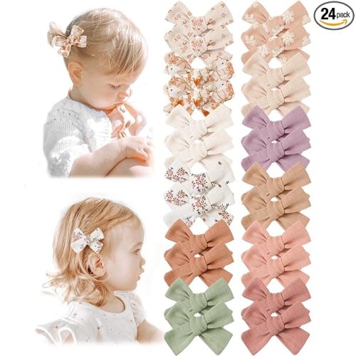 Niceye 24 Pack Baby Hair Bows for Girls, Toddler Hair Clips in Paris | Handmade Hair Bows with Non-Slip Alligator Clips, Solid & Printed Designs for Babies, Infants & Toddlers