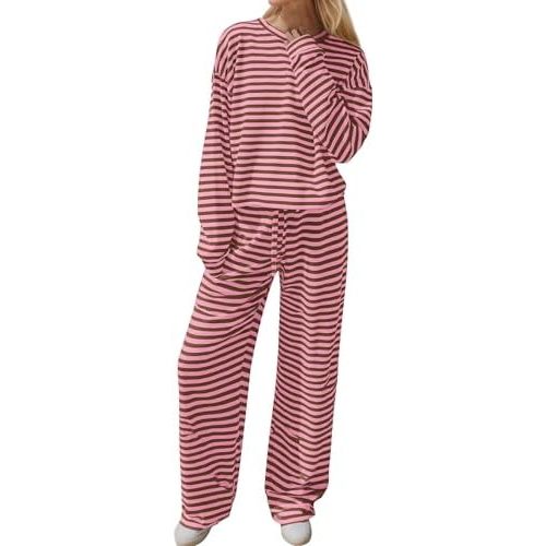 Ythomm Striped Pajamas Womens 2 Piece Sets Long Sleeve Tee Shirts Drawstring Wide Leg Pants Matching Sets Fall Lounge Outfits