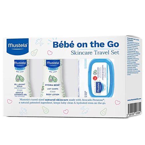Mustela Bebe On-The-Go Travel Set - Baby Skin Care & Bath Time Gift Set - Natural & Plant-Based - 3 Items Set - Packaging may vary