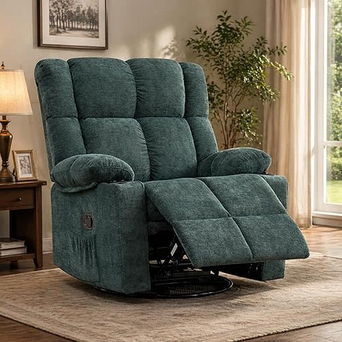 Swivel Rocker Recliner,Rocking Reclining Chair with Adjustable Headrest for Adults,Upholstered Fabric Swivel Recliner Chair for Bedroom,Living Room,Green