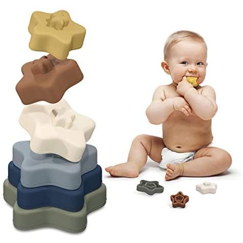 Baby Stacking Toys - Silicone Rings Stackers - Teething Teether Toys - Building Blocks Tower for Boys Girls 6+ Months Early Educational Learning, Set of 6 PCS, Star Shape