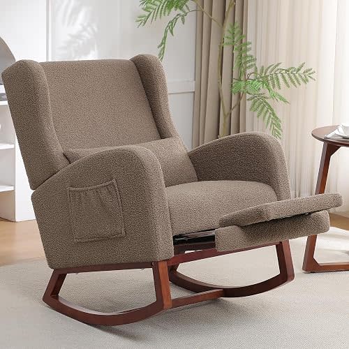 Rocking Chair with Foot Rest, Wingback Nursery Rocking Chairs, Teddy Nursing Glider Rocker Chairs with Pillow and High Back for Nursery, Living Room, Bedroom，Coffee