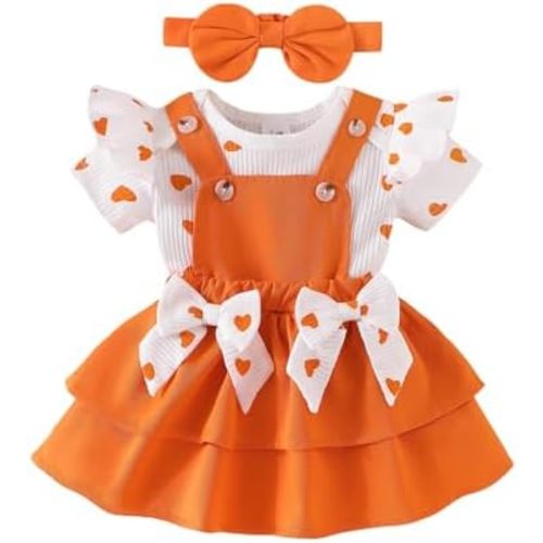 FOCUTEBB Baby Girl Clothes Newborn Romper Love Heart Print Short Sleeved Ruffled Bow Skirt Headband Outfits Set 0-18 Months