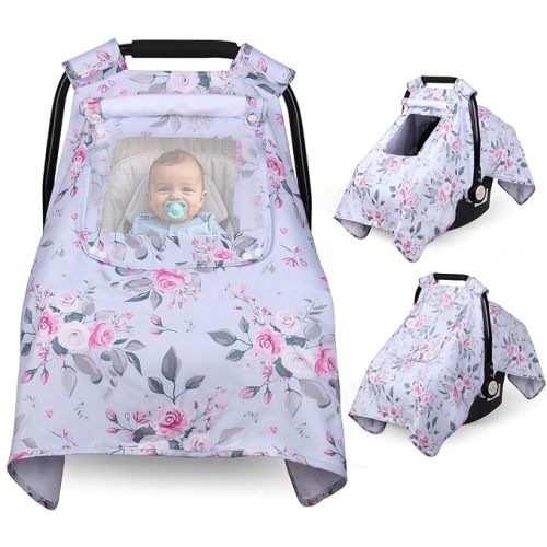 Car Seat Cover Baby, Carseat Covers Baby with 2 Layers Breathable Windows, Windproof Infant Car Seat Cover, Kick-Proof Baby Carrier Cover for Baby Girl Newborn Essentials