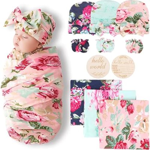AQOKKA Newborn Receiving Blanket with Bow Hat Mittens Set Nursery Swaddle Wrap Toddler Swaddles for Newborn Baby Boy Girl