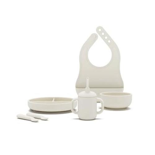 Lalo First Bites Silicone Baby Feeding Set - Baby Led Weaning Supplies - Non-Toxic Silicone - Includes 1 Bib, 2 Spoons, Training Cup, Suction Plate an