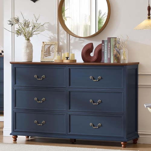 Joaxswe Modern Farmhouse 54" Wide 6 Drawer Dresser, Rustic Large Closet Storage Dressers Organizer for Hallway, Deep Blue