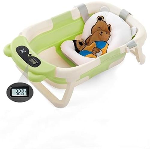 Baby BathTub, 4-in-1 Newborn to Toddler Tub with Temperature Sensor,Infant Waterproof Ear Cap and Soft Cushion included (Green)