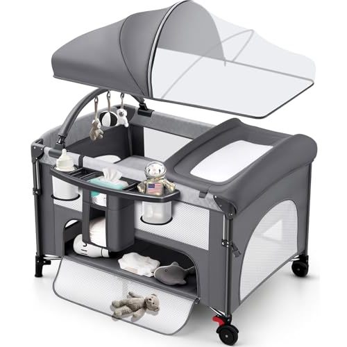 4 in 1 Baby Bassinet Bedside Crib with One-Hand Setup & Waterproof Mattress – ASTM-Certified Pack and Play, Portable Foldable Playard with Diaper Changer for Newborn to Toddler (Grey)