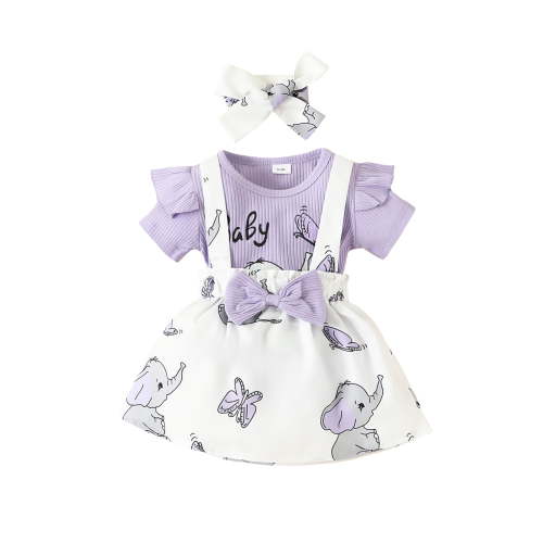 Springcmy Infant Newborn Baby Girl Elephant Outfits Headband Romper Suspender Bib Skirt 3Pcs Clothing Sets Purple 9-12 Months