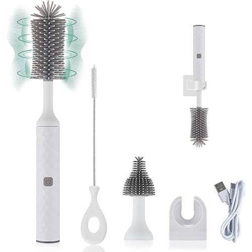 Rechargeable Electric Bottle Brush Cleaner Set with 3 Piece Silicone Baby Bottle Brush Cleaner and Straw Cleaner Brush,BPA Free,Waterproof,Perfect Baby Registry Gift,White