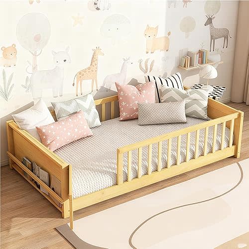 Bellemave Twin Size Kids Montessori Floor Bed with Door,Twin Floor Bed Frame with Slats and Bookcase,Solid Wood Montessori Bed for Girls Boys,Natural