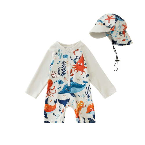 WOYY Newborn Boys UPF 50+ Quick Dry One-Piece Swimsuit & Sun Hat Swimwear
