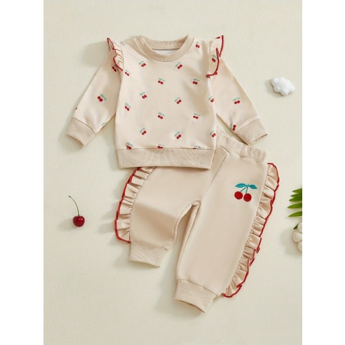 12-18mth 2pcs Baby Girl Cherry Print Long Sleeve Romper & Pants Set - Soft Beige with Red Cherries, Ruffled Hem, Comfortable & Convenient for Daily Wear & Holiday Activities, Perfect for Fall & Winter, Baby Girl Outfit, Holiday Baby Wear, Playful Baby Out