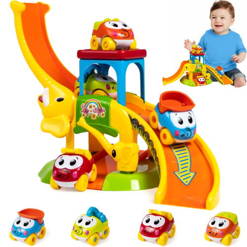 Marstone Toddler Toys for 1 2 Year Old Boys and Girls: Educational Elephant Slide with 4 Animal Car Toys for Baby 12-18 Months First Gifts for Kids