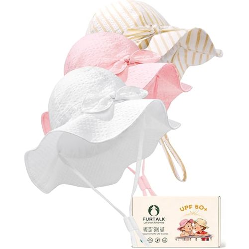 FURTALK 3 Pack Baby Sun Hat Toddler Beach Hat Girls UPF 50+ Wide Brim Infant Kids Summer Adjustable Sun Protection