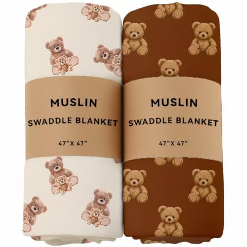 Baby Muslin Swaddle Blankets Bear 100% Cotton Breathable Receiving Blankets Soft and Large 47 x 47 Inches Newborn Essentials Gift for Baby Shower