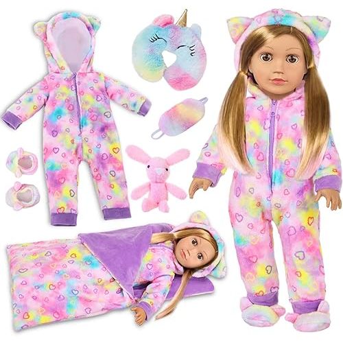 American 18" Doll Clothes and Sleep Bag Accessories,Sleepover Outfit Set Fits 18 Inch Dolls Include Rainbow Costume,Unicorn Style Pillow,Eye Mask,Shoes,Animal Toy Gifts for Girls (No Doll)
