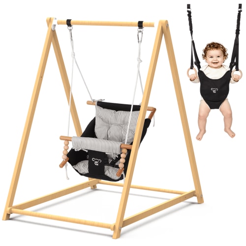 2-in-1 Baby Bouncer Jumper & Toddler Swing, Montessori Wooden Swing Set with Stand for Outdoor/Indoor, Suitable for Kids Up 3 Yrs