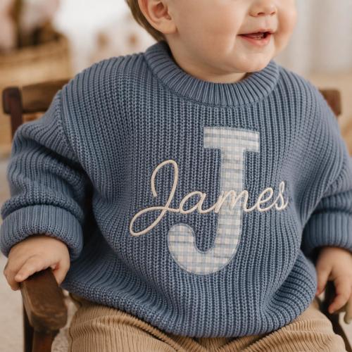 Custom Baby Name Knit Sweater, Personalized Initial Applique Pullover, Toddler Birthday Outfit, Baby Shower Gift, Christmas Keepsake Gift