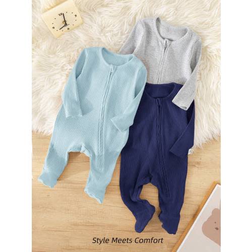 Newborn Baby Boy 3-Pack Minimalist Comfortable Long Sleeve Round Neck Zip Front Soft Knit Jumpsuit Sets | SHEIN USA