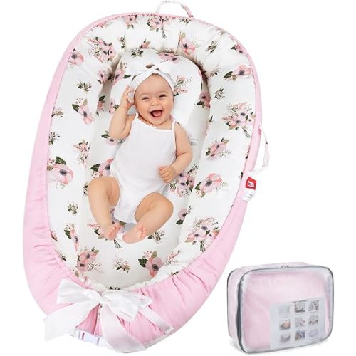 Tumbona para tumbona para tumbona de 0 a 12 años, transpirable y portátil, suave para viajes, artículos esenciales (flor grande)