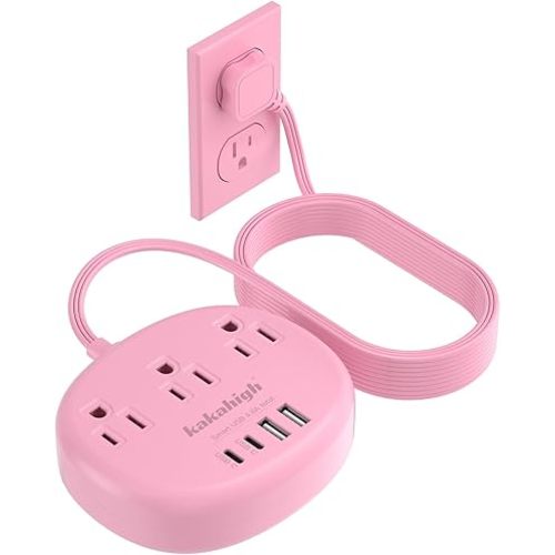Pink Extension Cord - 10 FT Flat Extension Cord, 1625W Cute Extension Cord with 3 AC Outlet 4 USB (24W/4.8A), Compact for Cute Pink Kawaii Desk Home Essentials