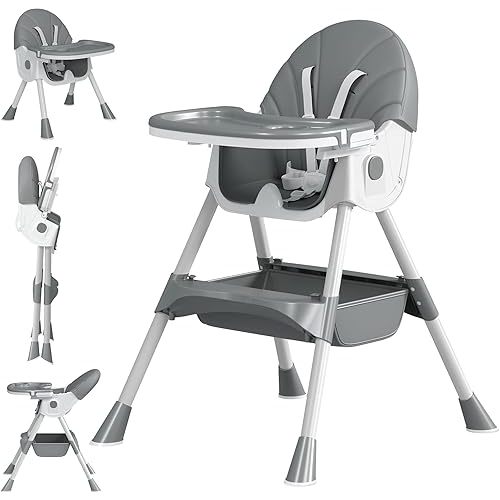Baby High Chair, 5 in 1 High Chairs for Babies and Toddlers, Travel Foldable High Chair with Foot Rest, Detachable PU Cushion, Double Removable Tray, Adjustable Height & Recline