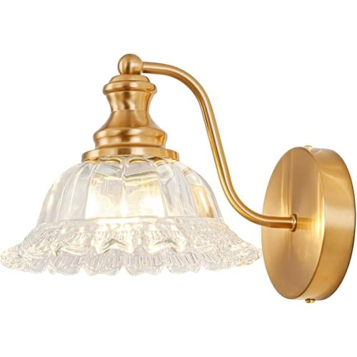 Vintage Wall Sconce Light, Gold Brass Bathroom Sconces Wall Lighting, Antique Wall Light Fixture with Clear Flower Glass Shades, Indoor Wall Sconces for Living Room Bedroom, 1-Light Wall Lamp