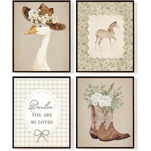 SkyCozy Cowgirl Nursery Wall Art Coquette Western Girl Poster Vintage Horse Floral Pictures Aesthetic Room Wall Decor Rustic Cowgirl Prints for Girls Bedroom, 8x10Inch Set of 4(UNFRAMED)