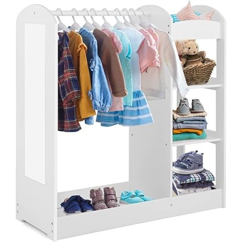 Costzon Kids Dress up Storage with Mirror, Clothes Rack, 3-Tier Shelves, Bottom Tray, Pretend Play Costume Dresser Organizer Center, Open Hanging Armoire Closet for Little Girls (White)