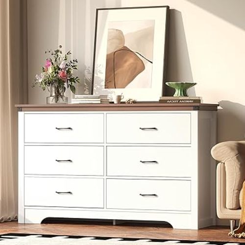 Farmhouse 6 Drawer Dresser for Bedroom, 51" Wide Chest of Drawers, Wooden Dresser Tv Stand, Storage Dressers Organizer for Bedroom, Living Room, Hallway, White