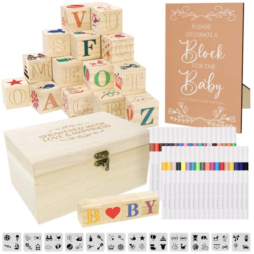 138 Pcs Baby Shower Blocks to Decorate, Wooden Blocks for Baby Shower, Decorate A Block Baby Showers, Wood Box with 52 Wooden Block 36 Paint Markers 1 Game Sign 48 Stencil Templates