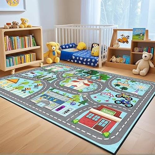 Car Rug Play Mat - Road Rug for Kids Boys Room, Fun Race Track Traffic Road Carpet for Boys Playmat Educational Learn, Car Carpet for Kids Room Decor Playmat Bedroom Playroom, 2.5x4 Feet