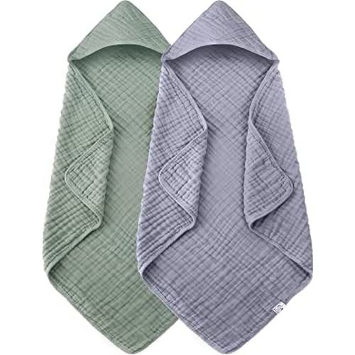 Spotted Play 2 Pack Hooded Baby Towels - 100% Muslin Cotton for Newborns, Infants, Toddlers - Large 32x32Inch Size - Highly Absorbent and Essential for Newborn Care, Green and Grey