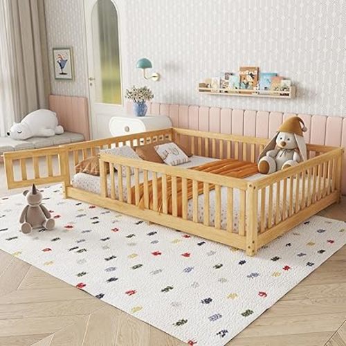 Bellemave Full Size Floor Bed with Slats and Safety Guardrail, Full Size Montessori Floor Bed with Fence and Door, Easy Assemble Montessori Beds for Kids, Girls, Boys, Natural