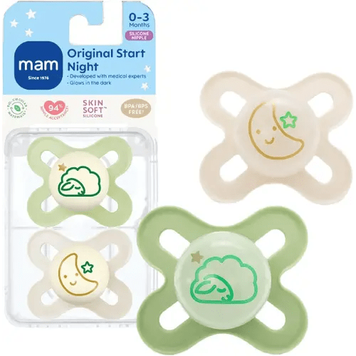 MAM Original Start Night Baby Pacifiers, Binky for 0-3 Months, BPA-Free Silicone Nipple, Easy to Clean, Best for Newborn Babies, Developed with Medical Experts, 2 Count Binkies with Sterilizer Case