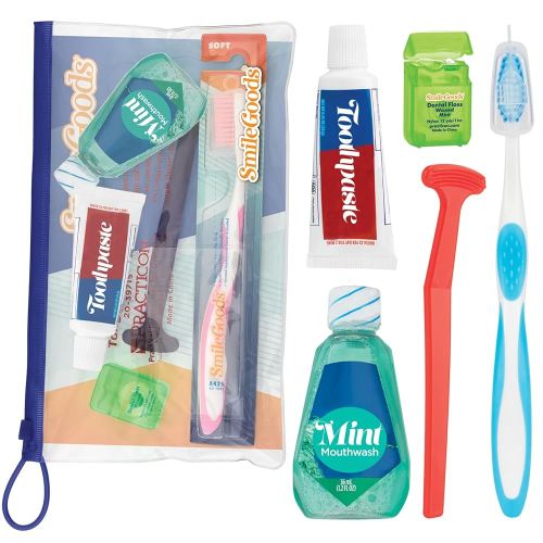 Practicon Adult Dental Care Kit, Travel Size Bundle w/Toothbrush with Cover, Toothpaste, Floss, Tongue Cleaner and Mint Mouthwash, TSA Compliant Oral Care Kit