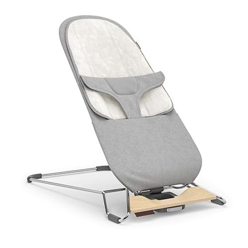 UPPAbaby Mira Bouncer/Portable 2-in-1 Bouncer + Seat Grows With Your Baby/GREENGuard® Gold, JPMA + FSC® certified/Cozy Seat Liner + Storage Bag Included/Charlie (Sand Mélange/Black Chrome/Walnut Wood)