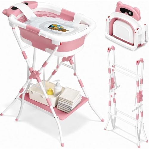 Foldable Baby Bathtub with Stand, Adjustable Height Infant Bath Tub with Support Net, Space Saving Portable Newborn Bath for 0–18 Months, Pink