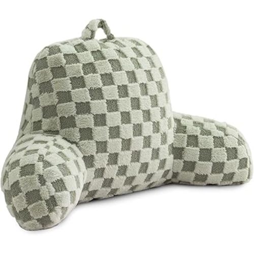Holawakaka Checkered Reading Pillow for Sitting up in Bed, Lounging, Reading, Working on Laptop, Watching TV, Women Teens Kids Backrest Pillows with Arms, Sofa Couch Back Support Cushion,Green