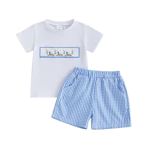 Arvbitana Toddler Baby Boy Hunting Outfit Summer Short Sleeve Mallard Duck T-shirt Checkered Plaid Shorts Two Piece Clothes