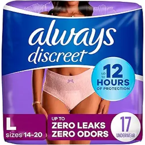 Always Discreet Adult Diapers for Women, Incontinence Underwear, Postpartum Essentials, Disposable Briefs, Max Absorbency, Bladder Leak Protection, Large, 17ct
