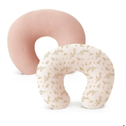 Konssy 2-Pack Muslin Nursing Pillow Covers, Soft & Adorable Nursing Covers for Breastfeeding Pillows, Slipcovers for Newborn Boys & Girls(Pink, Floral)
