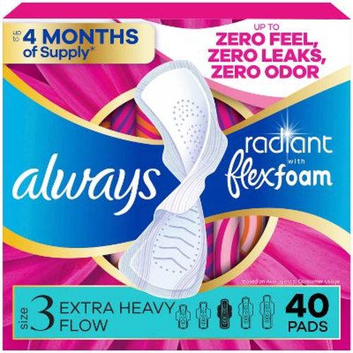 Always Radiant Extra Heavy Flow Pads with Wings - Light Clean Scent - Size 3 - 40ct