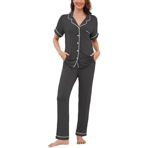 Womens Pajama Set Soft Pjs Short Sleeve Sleepwear with Long Pants 2 Piece Lounge Sets S-XXL