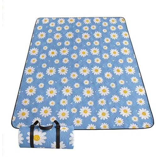 Outdoor Picnic Blanket Portable Ultrasonic Waterproof Picnic Blue Daisy Flower Printed Camping Beach Mat for Sand and Wet Grass Hiking (Blue Daisy L